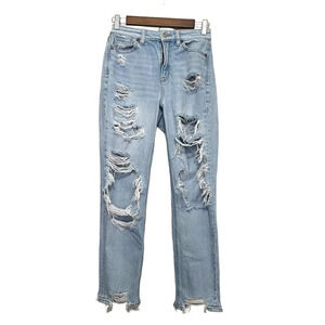 American Eagle Womens Mom Jeans Size 0 Light Wash Distressed‎ Ripped Grunge Edgy